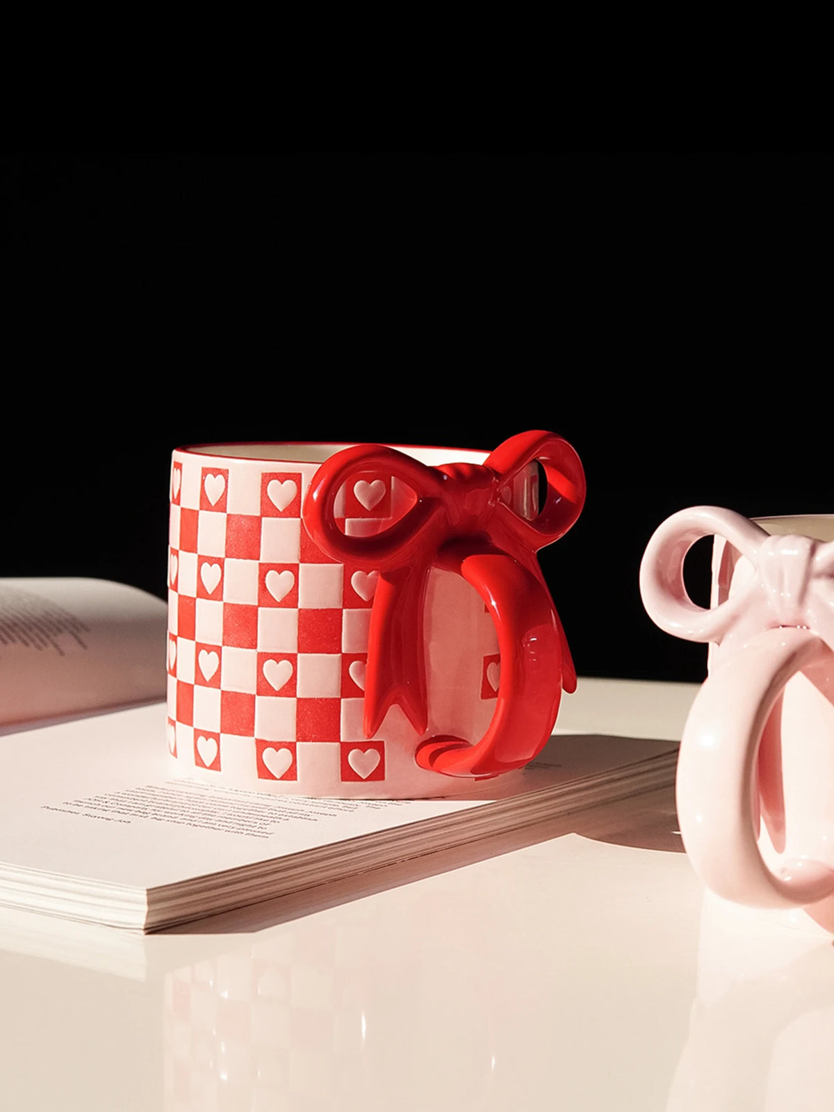 Checkered Bow-Handle Ceramic Mug