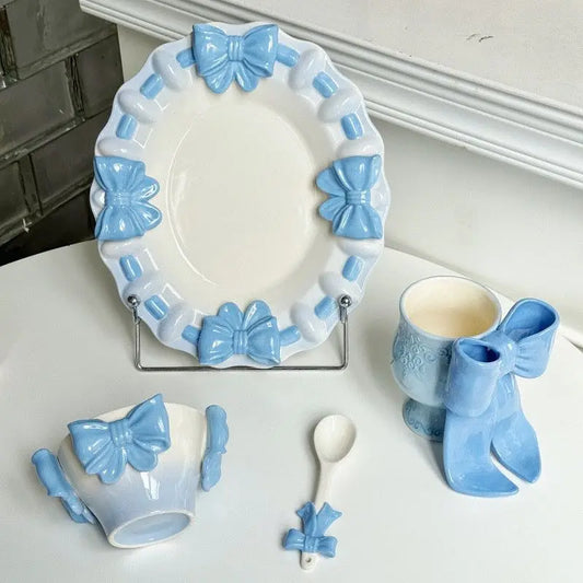 Bow Underglaze Tableware French Romantic Relief Three-dimensional Ceramic Plate Exquisite Plate Bowl Dessert Plate Gift