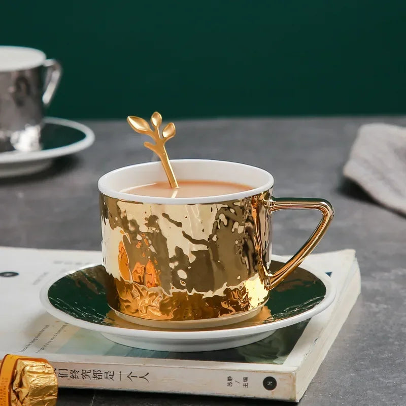 Embossed Gold & Silver Ceramic Cup & Saucer