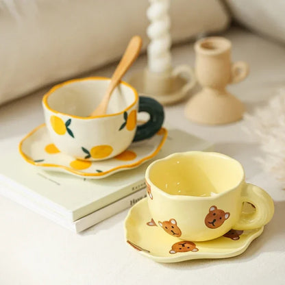 Ceramic Coffee Mug and Saucer Set Hand Pinching Irregular Cute Pattern Milk Juice Afternoon Tea Water Cup Girl Flower Tea Cup