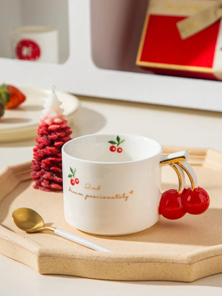 Gold-Rim Cherry Porcelain Mug