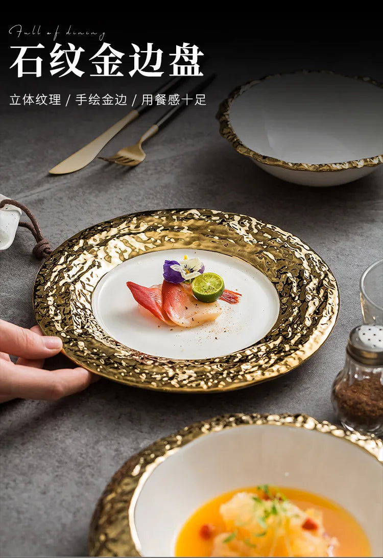 Gold-Rimmed Marble-Style Ceramic Dinner Plate