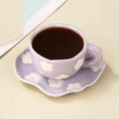 Ceramic Coffee Mug and Saucer Set Hand Pinching Irregular Cute Pattern Milk Juice Afternoon Tea Water Cup Girl Flower Tea Cup