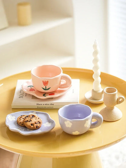 Ceramic Coffee Mug and Saucer Set Hand Pinching Irregular Cute Pattern Milk Juice Afternoon Tea Water Cup Girl Flower Tea Cup