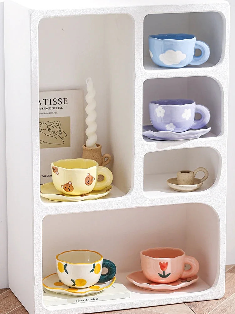 Ceramic Coffee Mug and Saucer Set Hand Pinching Irregular Cute Pattern Milk Juice Afternoon Tea Water Cup Girl Flower Tea Cup