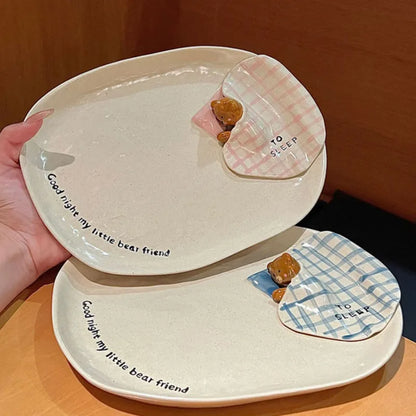 3D Embossed Bear Ceramic Bowl Plate Mug Set, Kids Dinnerware, Creative Quilt Bear Tableware For Holiday Wedding Souvenir Gift