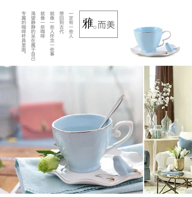 Exquisite Butterfly Bird Top Bone China 220ml Coffee Cup Saucer Free Spoon Ceramic European Porcelain Tea Mug Mugs Coffee Cups