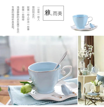 Exquisite Butterfly Bird Top Bone China 220ml Coffee Cup Saucer Free Spoon Ceramic European Porcelain Tea Mug Mugs Coffee Cups