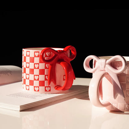 Checkered Bow-Handle Ceramic Mug