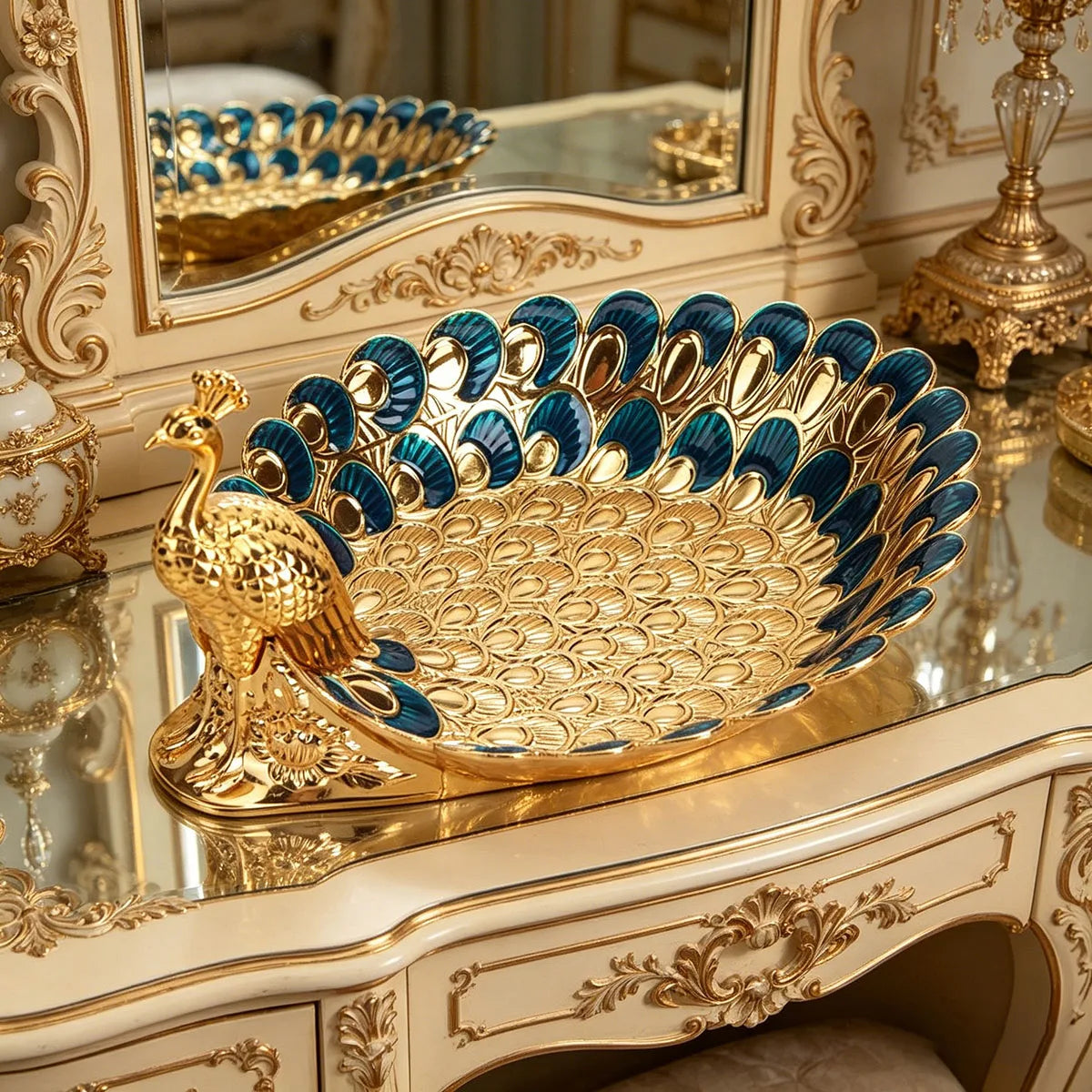 Golden Peacock Decorative Serving Tray