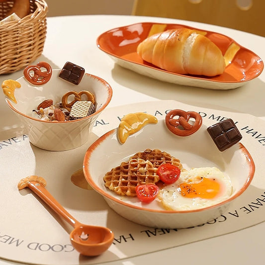 Creative Bread Shape Western Food Dinner Plate, Ceramic European Restaurant Kitchen Supplies, Breakfast, Dessert Salad bowl, 1Pc