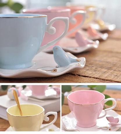 Exquisite Butterfly Bird Top Bone China 220ml Coffee Cup Saucer Free Spoon Ceramic European Porcelain Tea Mug Mugs Coffee Cups