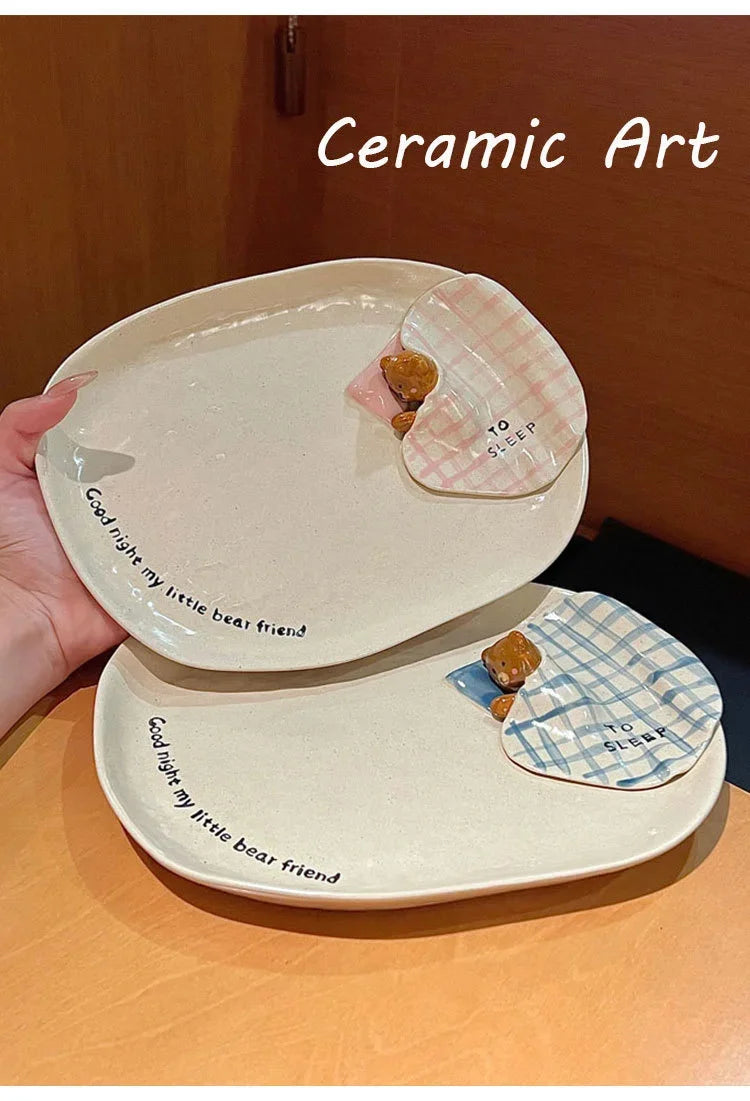 3D Embossed Bear Ceramic Bowl Plate Mug Set, Kids Dinnerware, Creative Quilt Bear Tableware For Holiday Wedding Souvenir Gift