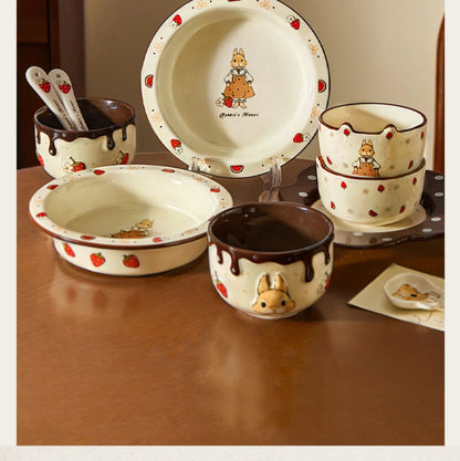 Creative Rabbit Pattern Ceramic Bowl Relief Porcelain Rice Bowls 4.5Inches Cute Home Yogurt Small Bowl Tableware Cake Fruit Bowl