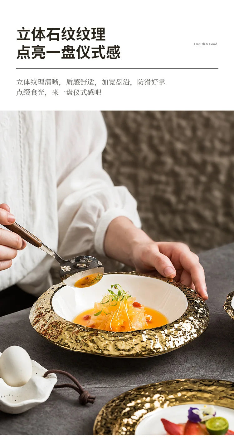 Gold-Rimmed Marble-Style Ceramic Dinner Plate