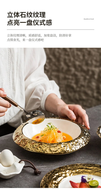 Gold-Rimmed Marble-Style Ceramic Dinner Plate