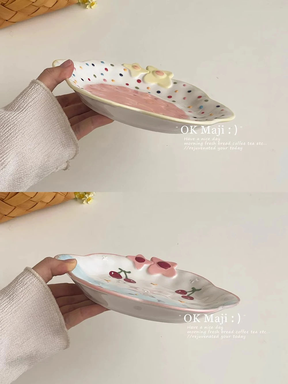 Cute Ceramic Plates for Home Use Dish Tableware Floral Rainbow Polka Dots Under Glazed Plate Kitchen Dining Dinnerware
