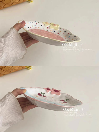 Cute Ceramic Plates for Home Use Dish Tableware Floral Rainbow Polka Dots Under Glazed Plate Kitchen Dining Dinnerware