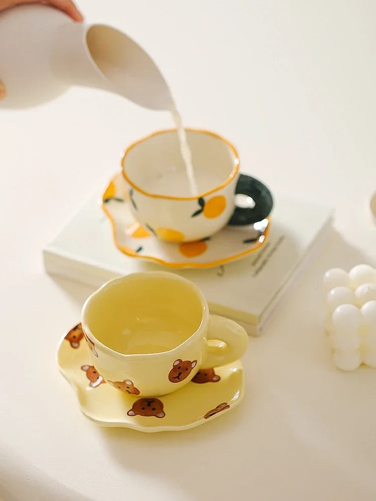 Ceramic Coffee Mug and Saucer Set Hand Pinching Irregular Cute Pattern Milk Juice Afternoon Tea Water Cup Girl Flower Tea Cup
