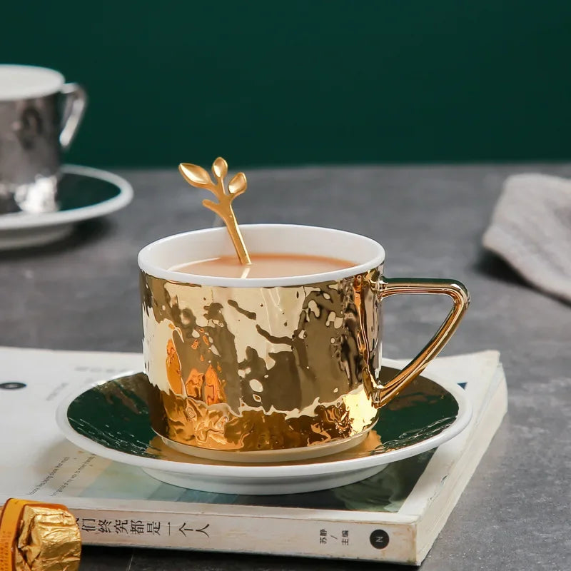 Embossed Gold & Silver Ceramic Cup & Saucer