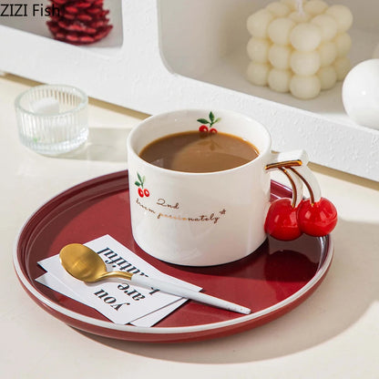 Gold-Rim Cherry Porcelain Mug