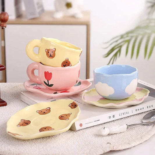 Ceramic Coffee Mug and Saucer Set Hand Pinching Irregular Cute Pattern Milk Juice Afternoon Tea Water Cup Girl Flower Tea Cup