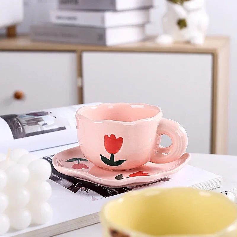 Ceramic Coffee Mug and Saucer Set Hand Pinching Irregular Cute Pattern Milk Juice Afternoon Tea Water Cup Girl Flower Tea Cup